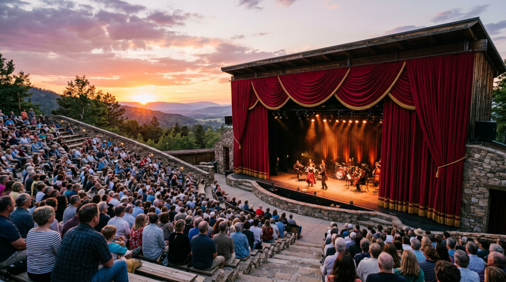 Audience watching a live musical performance on a stage in an outdoor amphitheater at sunset