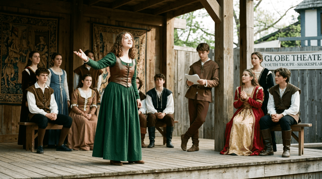 Teenagers performing Shakespeare monologues in medieval costumes